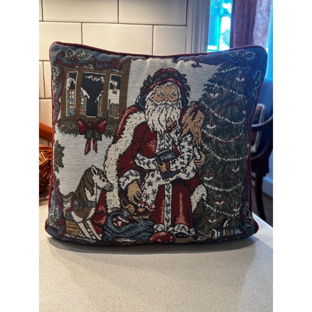 Vintage Christmas Tapestry Santa Claus Throw Pillow Red Holiday Decor 12.5in
